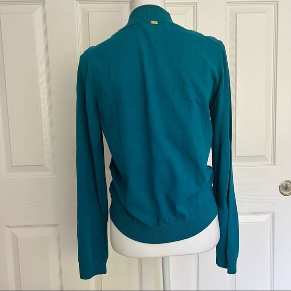 St. John Sheer Sequin Zip Cardigan Sweater Baltic Blue Small MSRP $695 - Picture 4 of 10